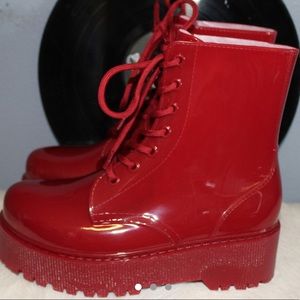 Cherry red platform lace up boots
